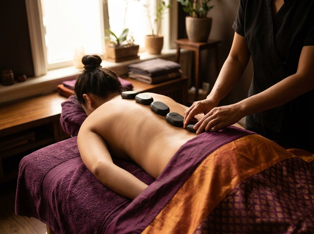 Hot stone massage met warme basaltstenen (voorbeeldbeeld)