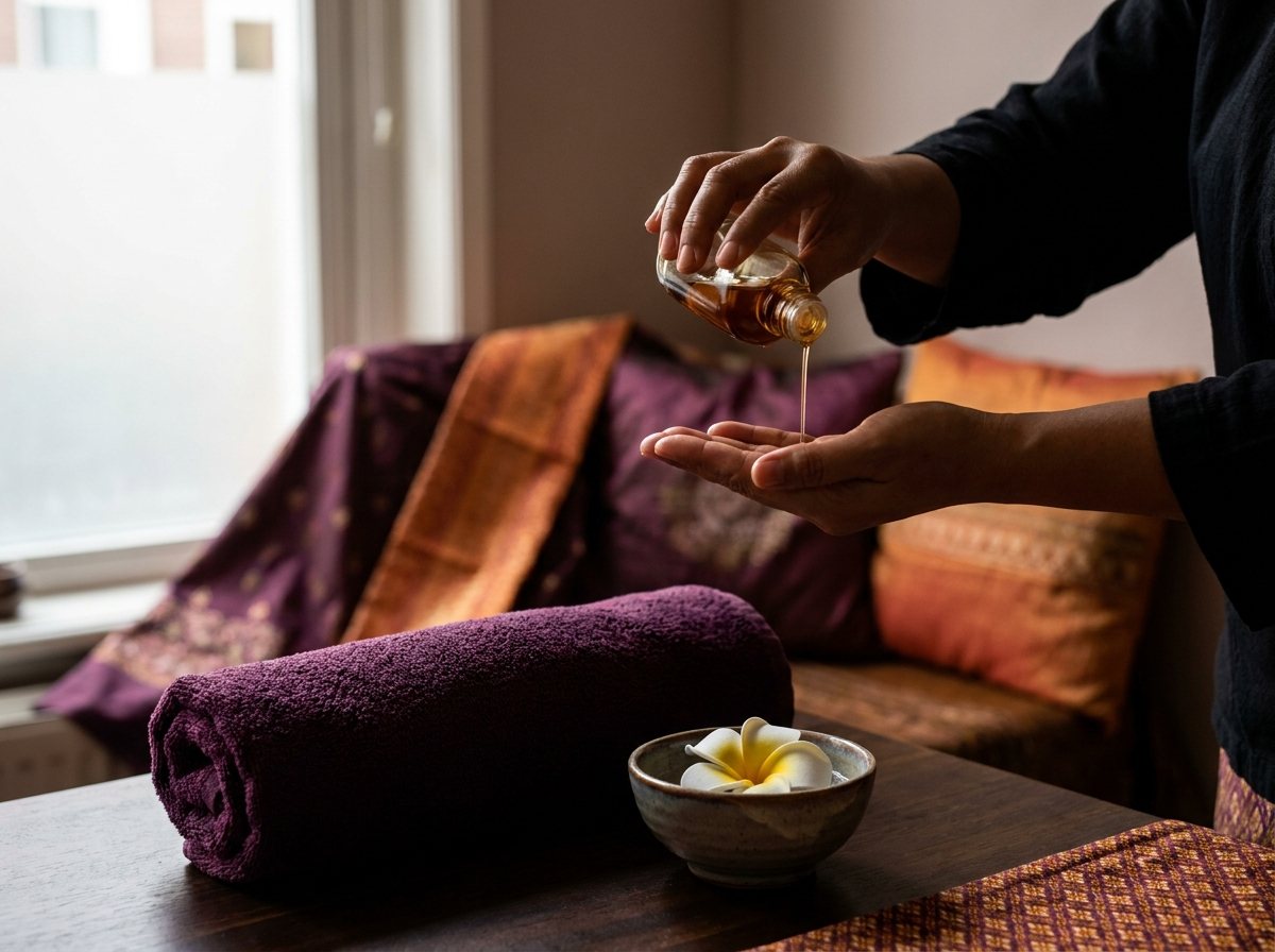 Warme olie voor een Thaise oliemassage (voorbeeldbeeld)